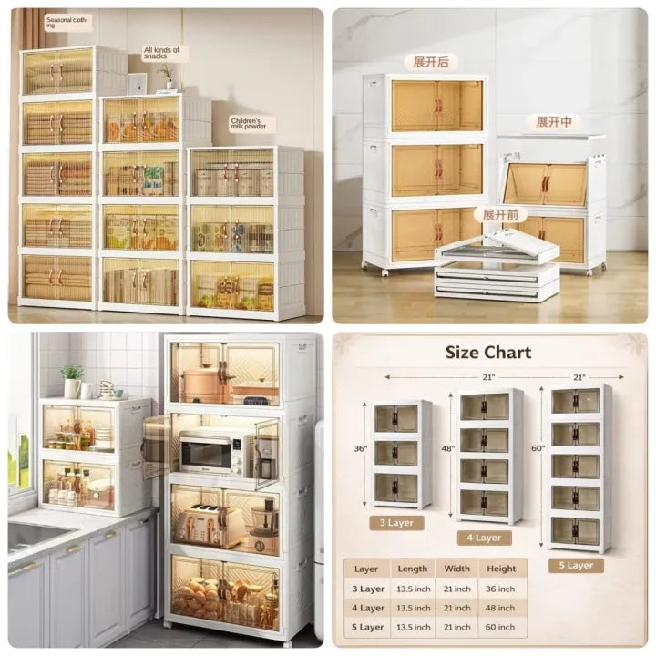 4 tier Flip Top Foldable Storage Cabinet Multi-Purpose Rolling Storage Box Foldable Clothes Cabinet for Bedroom Kitchen Organization