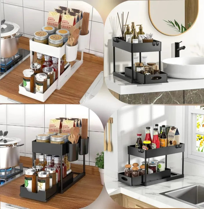 Under Sink Storage Shelf Organizers with Sliding Pull Out Drawer | Multi-Purpose Kitchen Bathroom Slim Organizer Bins Rack | 2 Tier Cabinet Basket Shelf with Hooks