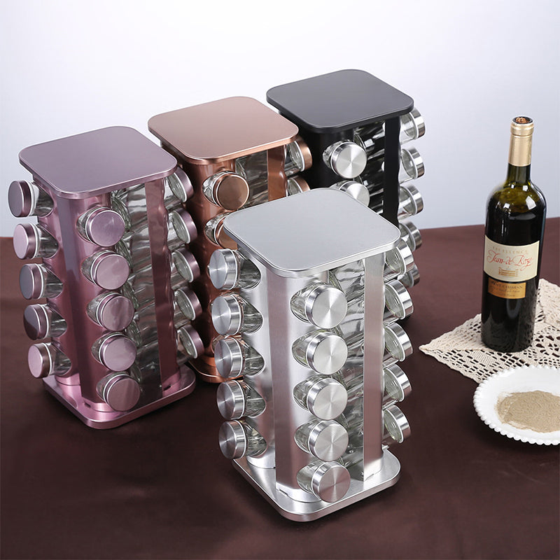 Stainless Steel 16 pcs Jars Rotating Spice Jar Rack Set Seasoning Stand Holder Condiment Salt Pepper Shaker Kitchen Tools