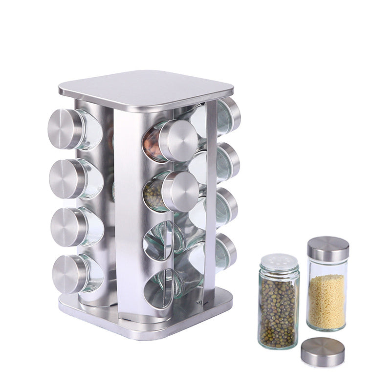 Stainless Steel 16 pcs Jars Rotating Spice Jar Rack Set Seasoning Stand Holder Condiment Salt Pepper Shaker Kitchen Tools