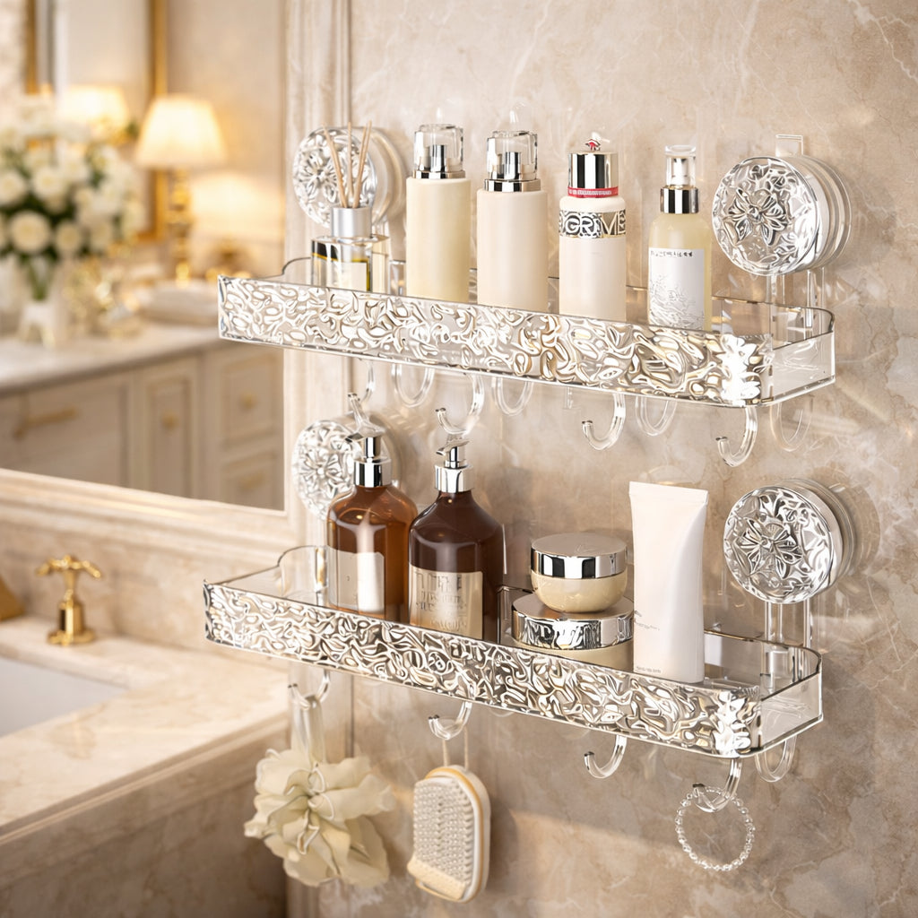 Acrylic Wall-Mounted Bathroom Storage Rack, Suction Cup Storage Shelf Without Drilling, Bathroom Organizer, Sink And Vanity Storage Rack