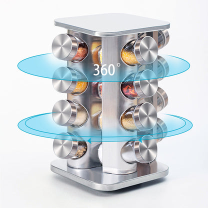 Stainless Steel 16 pcs Jars Rotating Spice Jar Rack Set Seasoning Stand Holder Condiment Salt Pepper Shaker Kitchen Tools