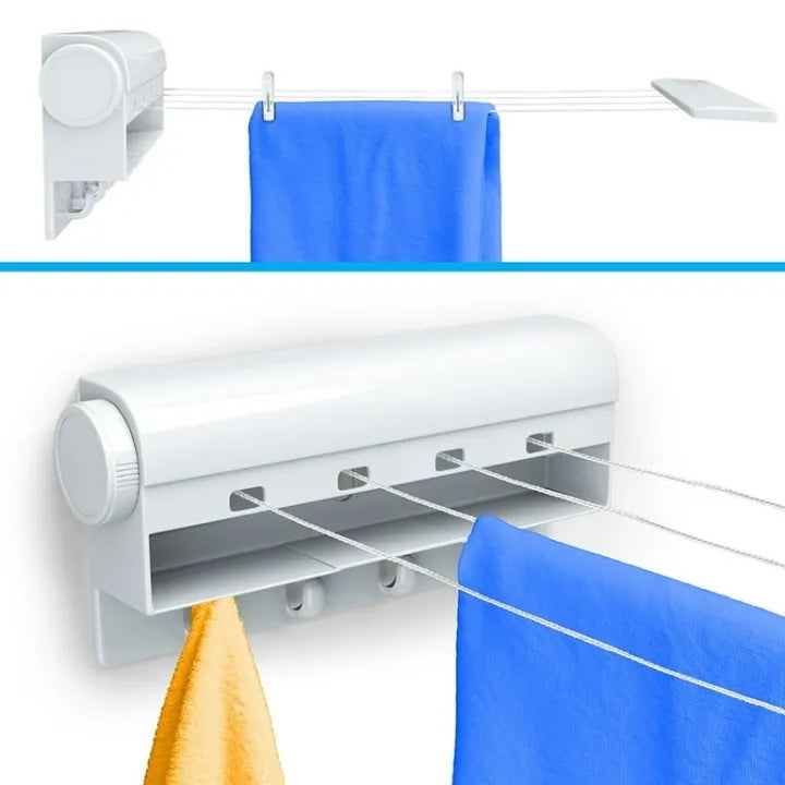 4 Line Retractable Clothesline with Hooks, Adjustable Telescopic Clothesline Rope Extendable Reel Airer Nylon Clothesline Indoor Outdoor Wall Hanger Laundry Rope Clothes Drying Rack Washing