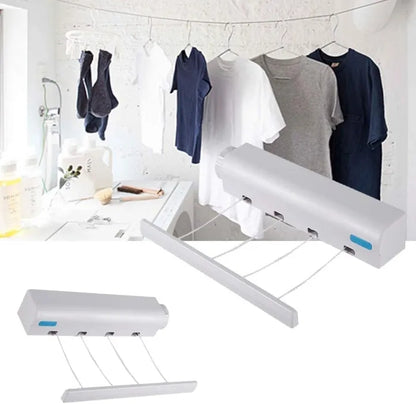 4 Line Retractable Clothesline with Hooks, Adjustable Telescopic Clothesline Rope Extendable Reel Airer Nylon Clothesline Indoor Outdoor Wall Hanger Laundry Rope Clothes Drying Rack Washing