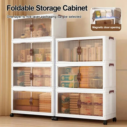 4 tier Flip Top Foldable Storage Cabinet Multi-Purpose Rolling Storage Box Foldable Clothes Cabinet for Bedroom Kitchen Organization
