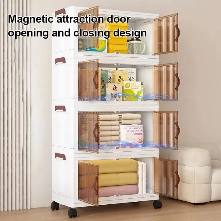 4 tier Flip Top Foldable Storage Cabinet Multi-Purpose Rolling Storage Box Foldable Clothes Cabinet for Bedroom Kitchen Organization