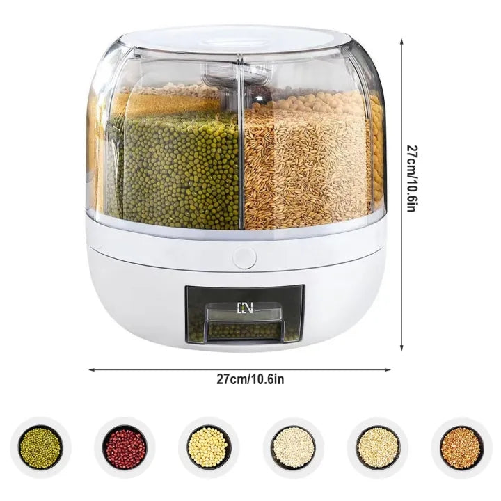 5kg Grid Round Food Dispenser 360° Rotating Food Bucket Transparent Rice Storage Container Rotatable Dry Food Fruit Cereal Storage Box Sealed Rice Storage Container with Lid for Home and Kitchen