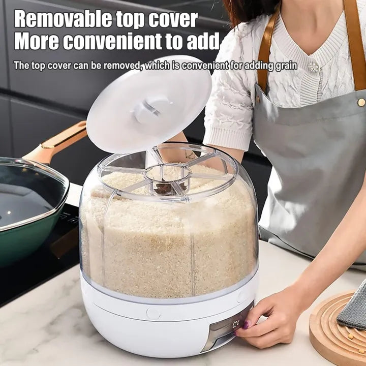 5kg Grid Round Food Dispenser 360° Rotating Food Bucket Transparent Rice Storage Container Rotatable Dry Food Fruit Cereal Storage Box Sealed Rice Storage Container with Lid for Home and Kitchen