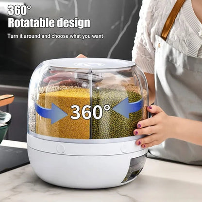 5kg Grid Round Food Dispenser 360° Rotating Food Bucket Transparent Rice Storage Container Rotatable Dry Food Fruit Cereal Storage Box Sealed Rice Storage Container with Lid for Home and Kitchen