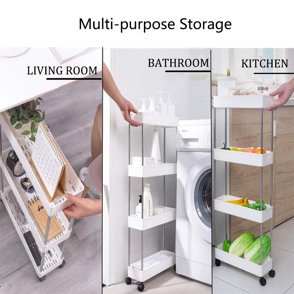 4 Tier Slim Storage Cart with Slide Out Shelves, Rolling Bathroom, Kitchen, or Laundry Organizer with Wheels