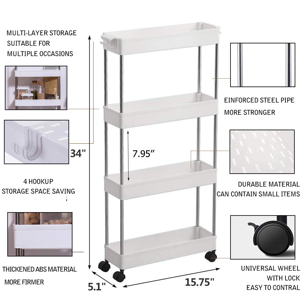 4 Tier Slim Storage Cart with Slide Out Shelves, Rolling Bathroom, Kitchen, or Laundry Organizer with Wheels