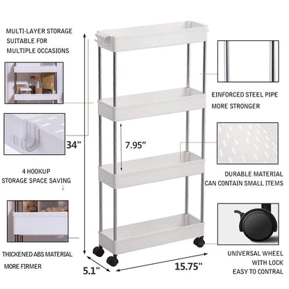4 Tier Slim Storage Cart with Slide Out Shelves, Rolling Bathroom, Kitchen, or Laundry Organizer with Wheels