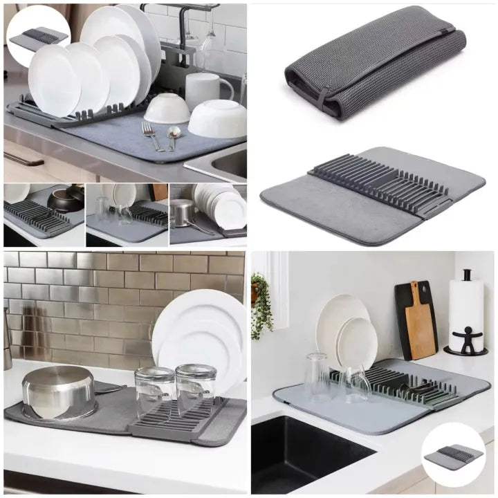 Dish Drying Mat, Removable Dish Rack Tray, Dish Rack & Drying Mat for Kitchen Countertop, Sink - Drain and Dry Wine Glasses, Bowls and Dishes