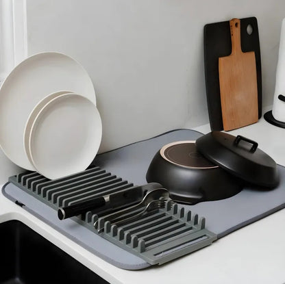 Dish Drying Mat, Removable Dish Rack Tray, Dish Rack & Drying Mat for Kitchen Countertop, Sink - Drain and Dry Wine Glasses, Bowls and Dishes