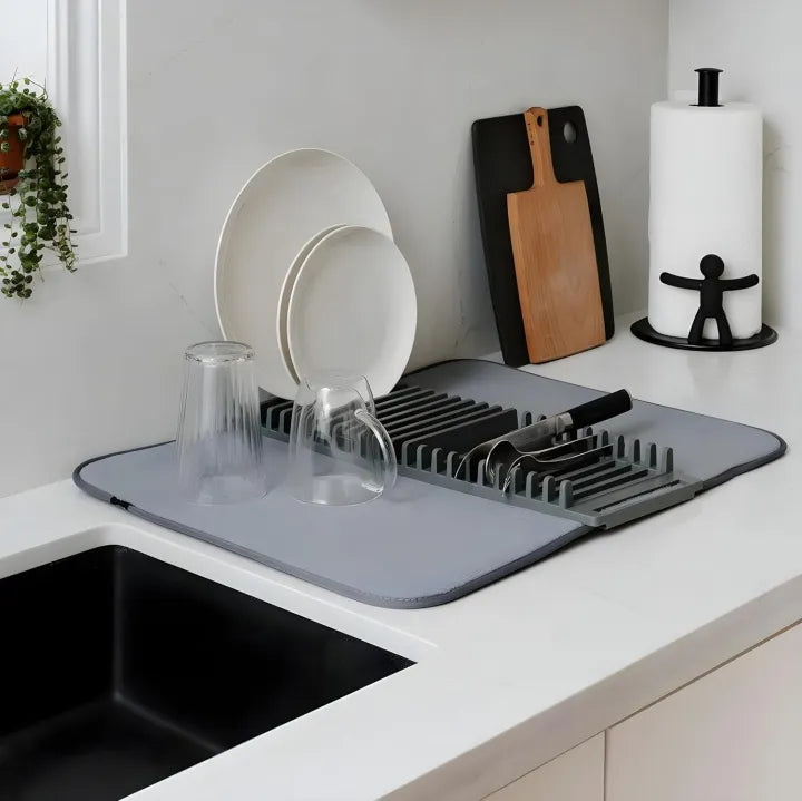 Dish Drying Mat, Removable Dish Rack Tray, Dish Rack & Drying Mat for Kitchen Countertop, Sink - Drain and Dry Wine Glasses, Bowls and Dishes