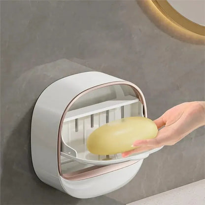 Luxury Soap Holder with Drain Tray, Waterproof Soap Dish with Drainage Box, Soap Box, Soap Dish with Lid, Wall Mounted Drain Soap Box with Flip Lid for Bathroom