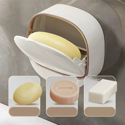 Luxury Soap Holder with Drain Tray, Waterproof Soap Dish with Drainage Box, Soap Box, Soap Dish with Lid, Wall Mounted Drain Soap Box with Flip Lid for Bathroom