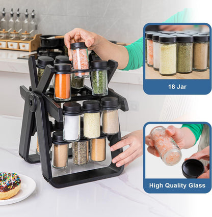 Rotating Kitchen Rack, Hanging Spice Rack Organizer Holder with 18 Spice Jars, Practical Spice Bottle for Countertop, Kitchen Cabinet