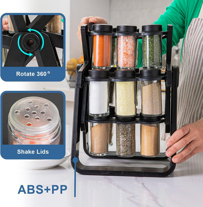 Rotating Kitchen Rack, Hanging Spice Rack Organizer Holder with 18 Spice Jars, Practical Spice Bottle for Countertop, Kitchen Cabinet
