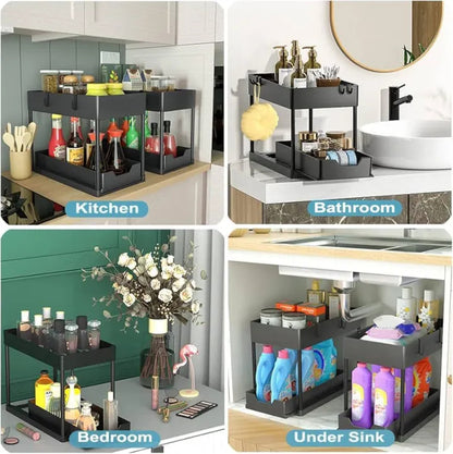 Under Sink Storage Shelf Organizers with Sliding Pull Out Drawer | Multi-Purpose Kitchen Bathroom Slim Organizer Bins Rack | 2 Tier Cabinet Basket Shelf with Hooks
