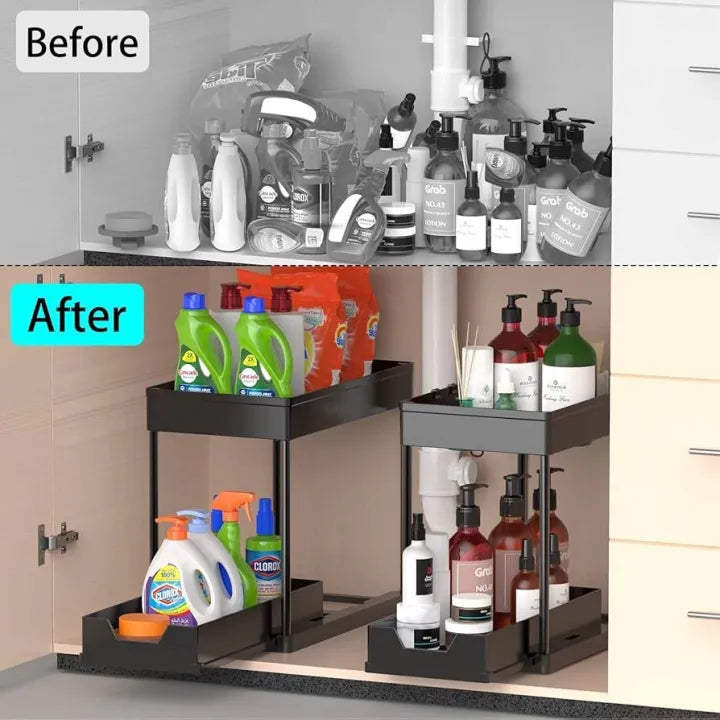 Under Sink Storage Shelf Organizers with Sliding Pull Out Drawer | Multi-Purpose Kitchen Bathroom Slim Organizer Bins Rack | 2 Tier Cabinet Basket Shelf with Hooks