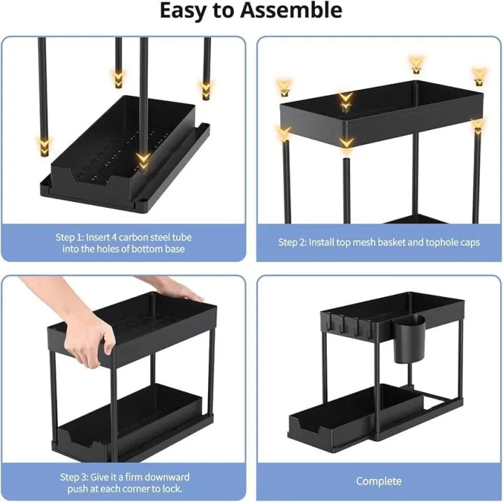 Under Sink Storage Shelf Organizers with Sliding Pull Out Drawer | Multi-Purpose Kitchen Bathroom Slim Organizer Bins Rack | 2 Tier Cabinet Basket Shelf with Hooks