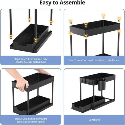 Under Sink Storage Shelf Organizers with Sliding Pull Out Drawer | Multi-Purpose Kitchen Bathroom Slim Organizer Bins Rack | 2 Tier Cabinet Basket Shelf with Hooks