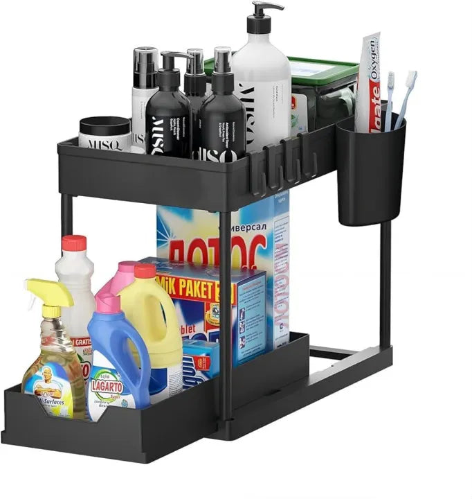 Under Sink Storage Shelf Organizers with Sliding Pull Out Drawer | Multi-Purpose Kitchen Bathroom Slim Organizer Bins Rack | 2 Tier Cabinet Basket Shelf with Hooks