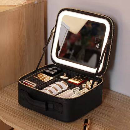 Makeup Bag with Led Mirror, 10 Inch Portable Travel Cosmetic Organizer Case with Adjustable Dividers, USB Charging, Large Capacity, Ideal for Travel, Gift for Women