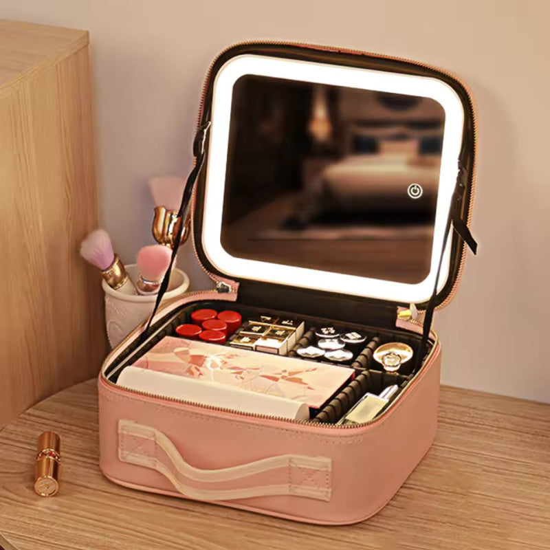 Makeup Bag with Led Mirror, 10 Inch Portable Travel Cosmetic Organizer Case with Adjustable Dividers, USB Charging, Large Capacity, Ideal for Travel, Gift for Women
