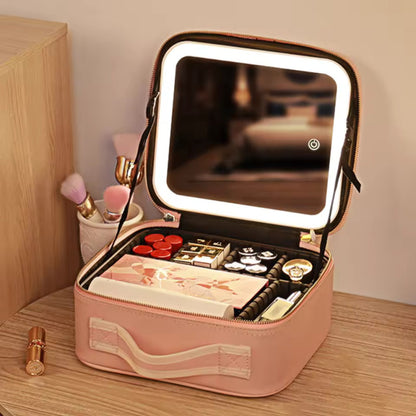 Makeup Bag with Led Mirror, 10 Inch Portable Travel Cosmetic Organizer Case with Adjustable Dividers, USB Charging, Large Capacity, Ideal for Travel, Gift for Women