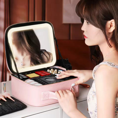Makeup Bag with Led Mirror, 10 Inch Portable Travel Cosmetic Organizer Case with Adjustable Dividers, USB Charging, Large Capacity, Ideal for Travel, Gift for Women