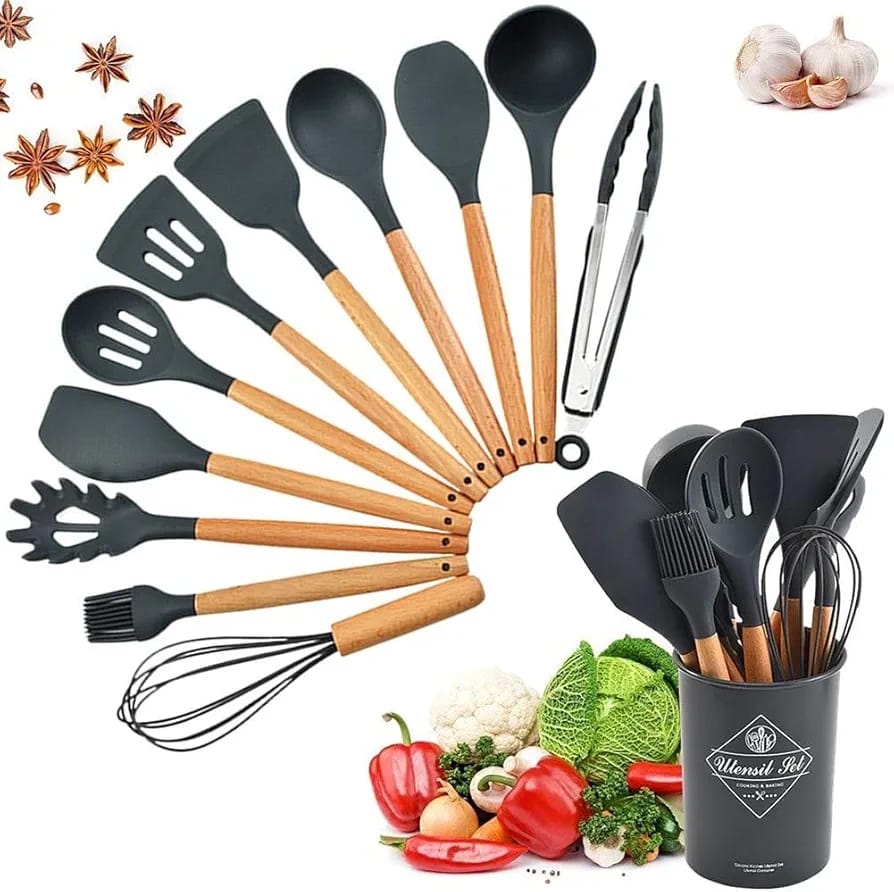 12-Piece Premium Silicone Kitchen Utensil Set with Holder – Heat Resistant Non-Stick Cooking Tools