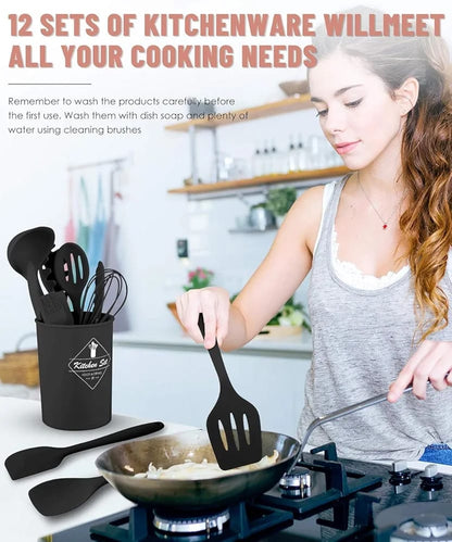12-Piece Premium Silicone Kitchen Utensil Set with Holder – Heat Resistant Non-Stick Cooking Tools