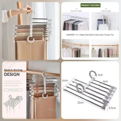 Clothes Hangers-Rewup 5 in 1 ABS Foldable Hangers for Clothes Hanging Multi-Layer Multi Purpose Pant Hangers for Wardrobe Magic Foldable Hanger Space Saving 5 in 1 Rack Stainless Steel Cloth