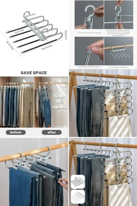 Clothes Hangers-Rewup 5 in 1 ABS Foldable Hangers for Clothes Hanging Multi-Layer Multi Purpose Pant Hangers for Wardrobe Magic Foldable Hanger Space Saving 5 in 1 Rack Stainless Steel Cloth