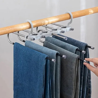 Clothes Hangers-Rewup 5 in 1 ABS Foldable Hangers for Clothes Hanging Multi-Layer Multi Purpose Pant Hangers for Wardrobe Magic Foldable Hanger Space Saving 5 in 1 Rack Stainless Steel Cloth