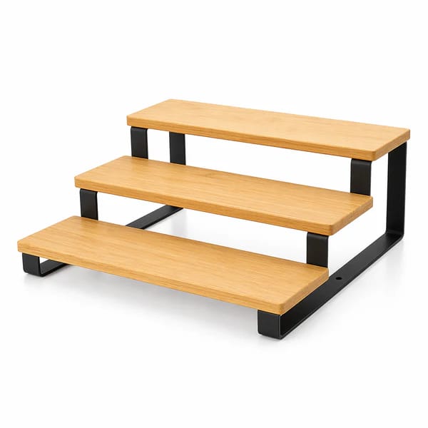 3-Tier Bamboo Organizer Shelf features natural bamboo wood shelves supported by a durable black metal frame