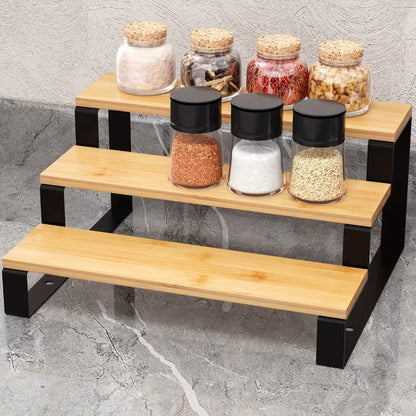 3-Tier Bamboo Organizer Shelf features natural bamboo wood shelves supported by a durable black metal frame