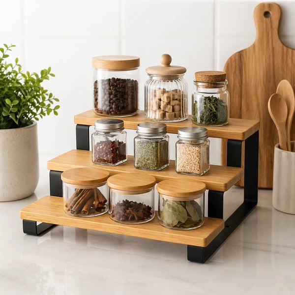 3-Tier Bamboo Organizer Shelf features natural bamboo wood shelves supported by a durable black metal frame