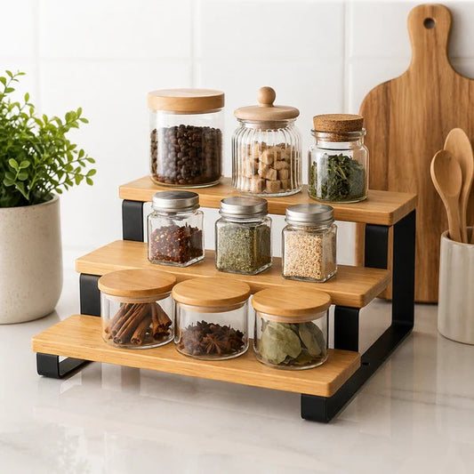 3-Tier Bamboo Organizer Shelf features natural bamboo wood shelves supported by a durable black metal frame