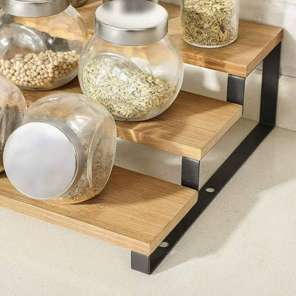 3-Tier Bamboo Organizer Shelf features natural bamboo wood shelves supported by a durable black metal frame
