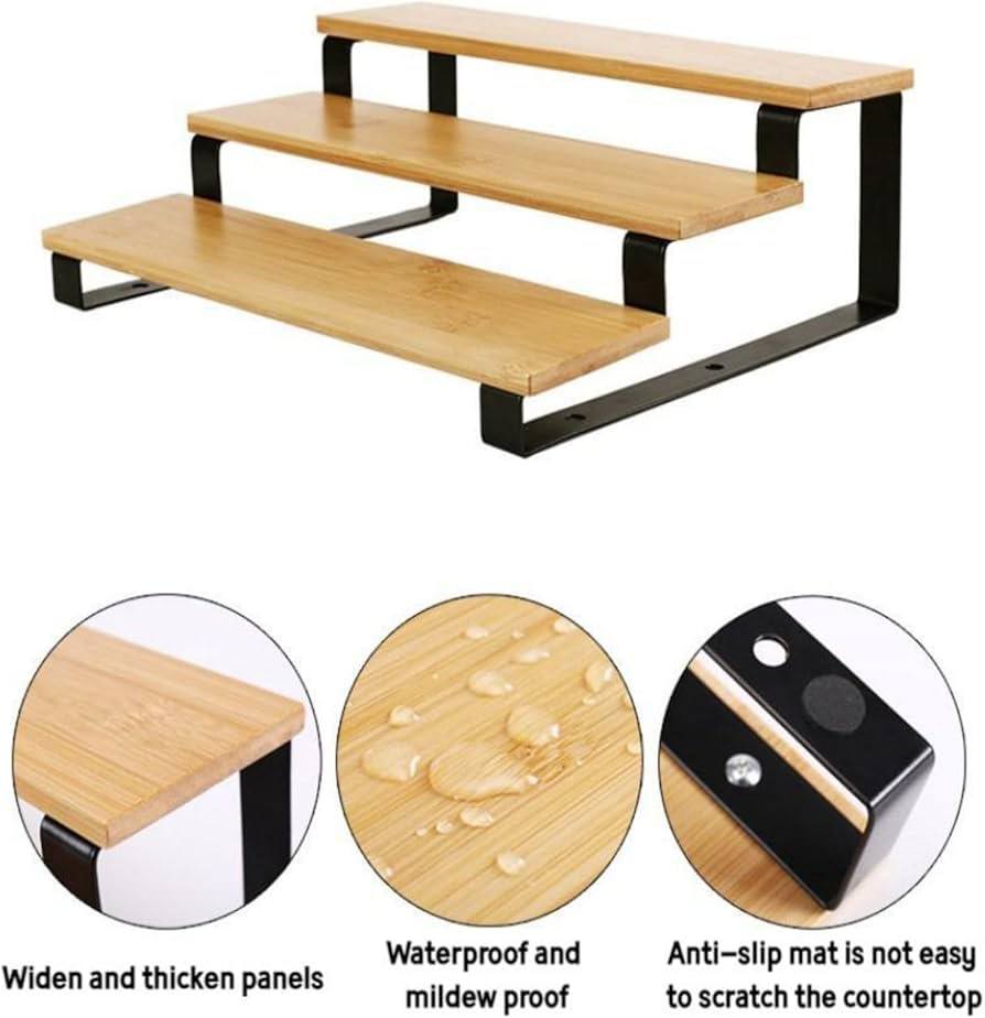 3-Tier Bamboo Organizer Shelf features natural bamboo wood shelves supported by a durable black metal frame