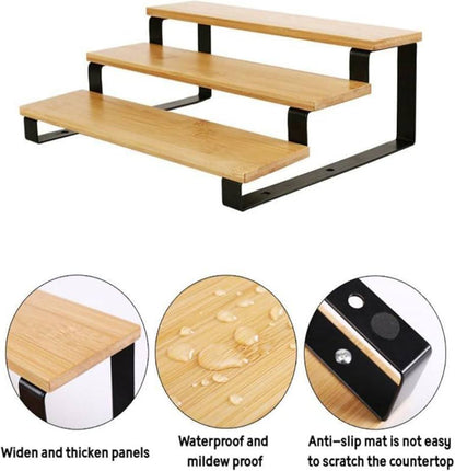 3-Tier Bamboo Organizer Shelf features natural bamboo wood shelves supported by a durable black metal frame