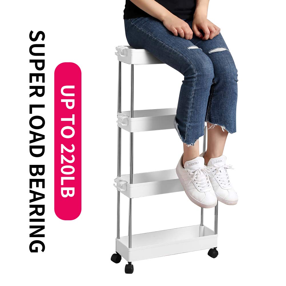 4 Tier Slim Storage Cart with Slide Out Shelves, Rolling Bathroom, Kitchen, or Laundry Organizer with Wheels